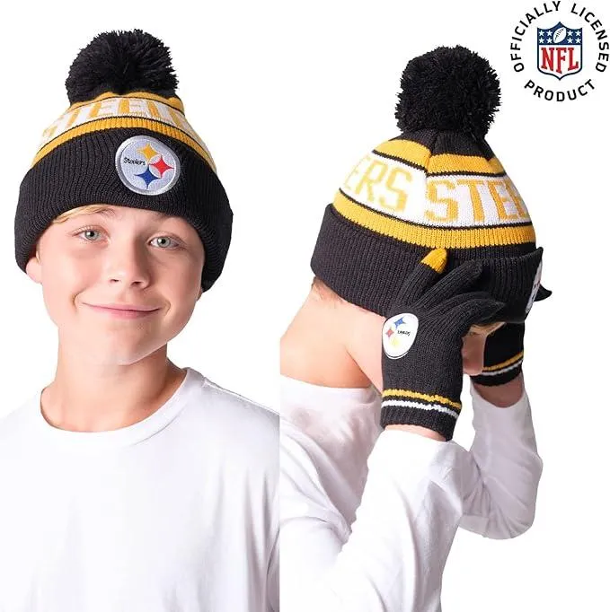 NFL Official Youth Super Soft Winter Beanie Knit Hat With Extra Warm Touch Screen Gloves|Pittsburgh Steelers