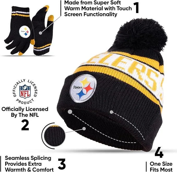 NFL Official Youth Super Soft Winter Beanie Knit Hat With Extra Warm Touch Screen Gloves|Pittsburgh Steelers