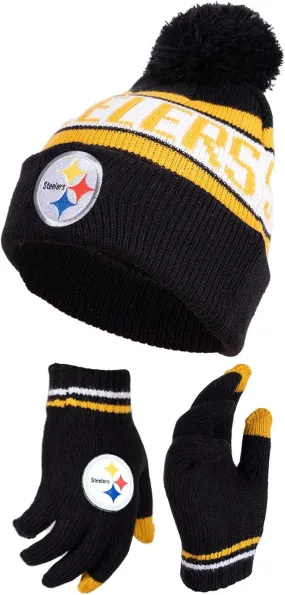 NFL Official Youth Super Soft Winter Beanie Knit Hat With Extra Warm Touch Screen Gloves|Pittsburgh Steelers