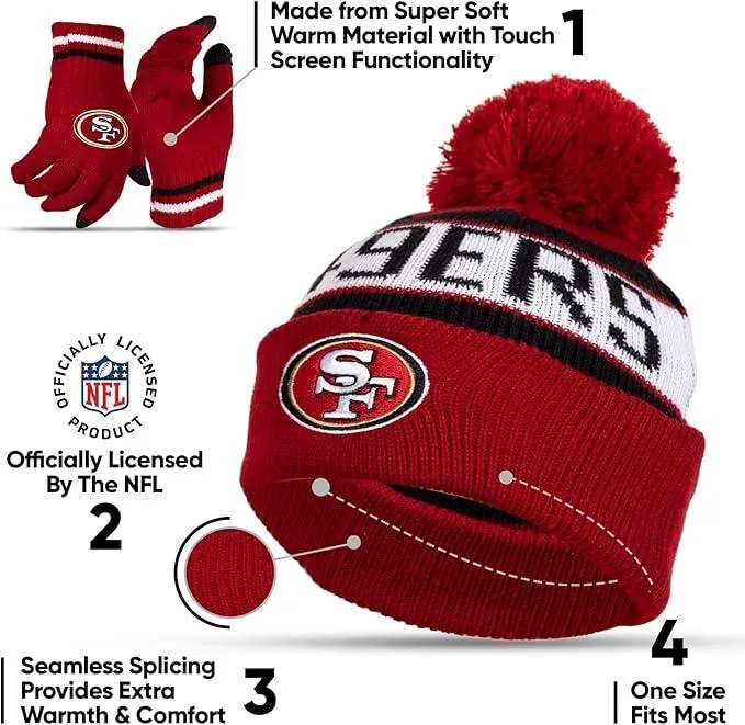 NFL Official Youth Super Soft Winter Beanie Knit Hat With Extra Warm Touch Screen Gloves|San Francisco 49ers