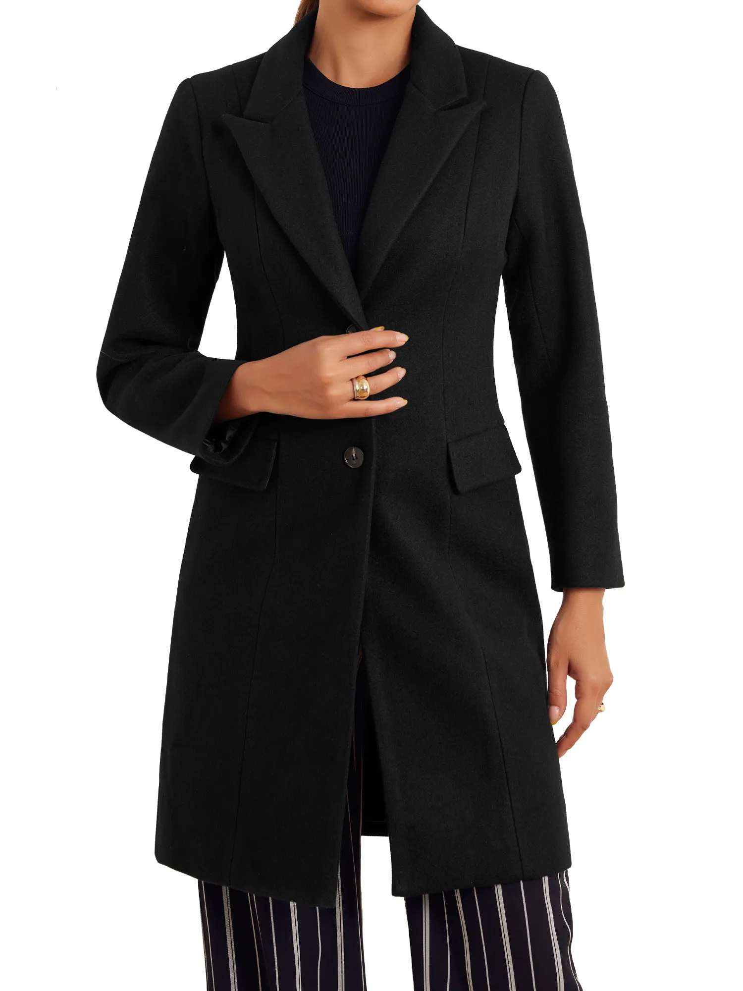 Notched Lapel Pockets Buttons Elegant Long Sleeve Winter Pea Coats