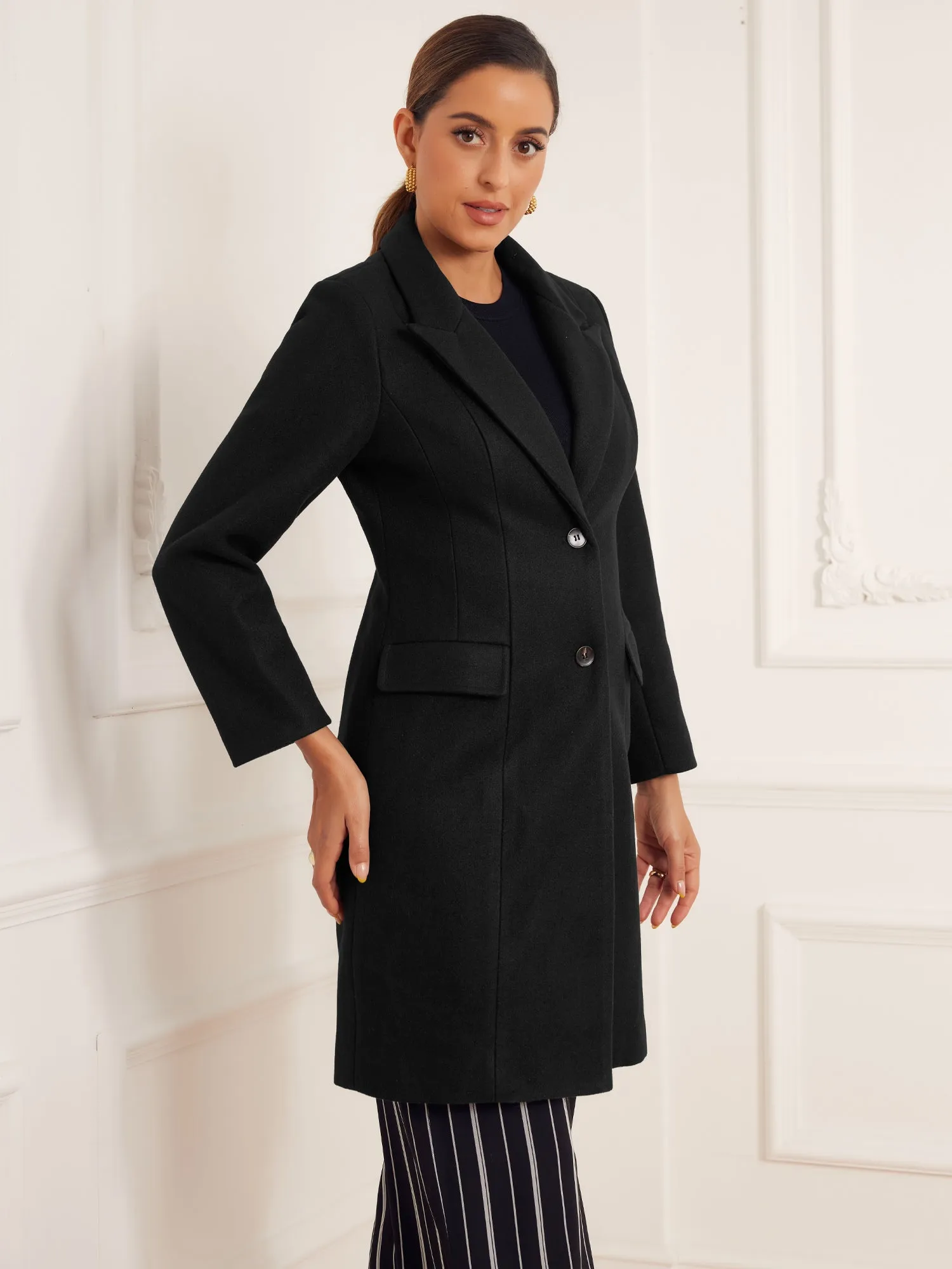 Notched Lapel Pockets Buttons Elegant Long Sleeve Winter Pea Coats