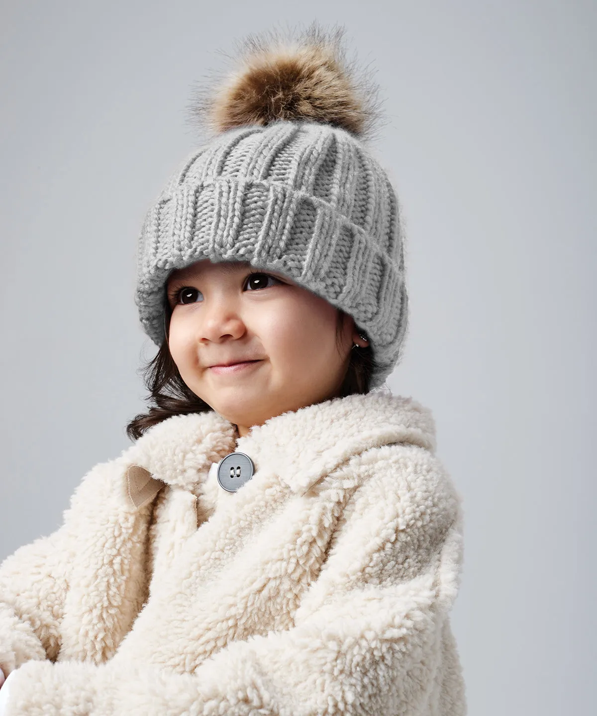 Oatmeal - Infant/junior fur pom pom chunky beanie