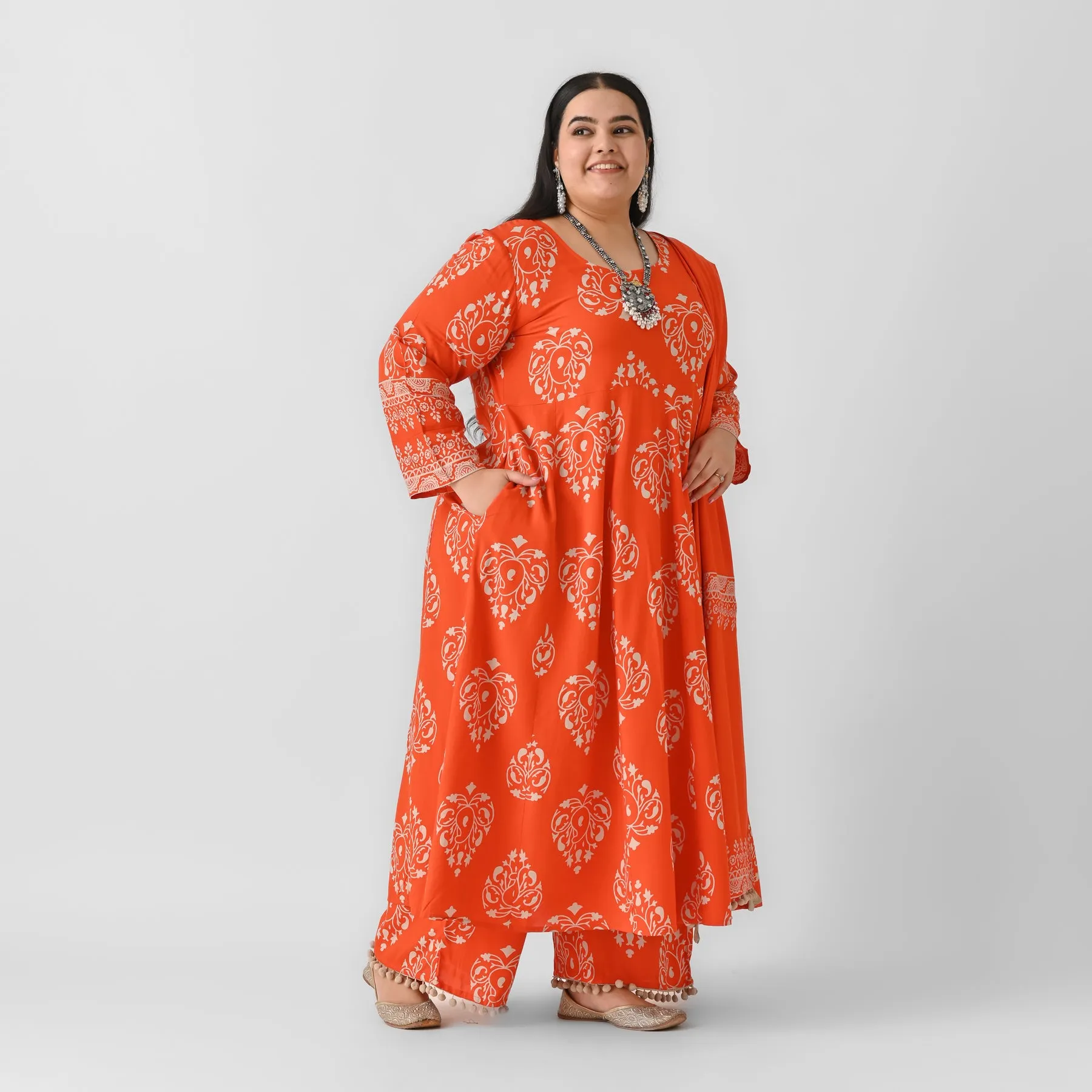 Orange Flared Kurta Dupatta Pant Set with Pompom Details - SOM