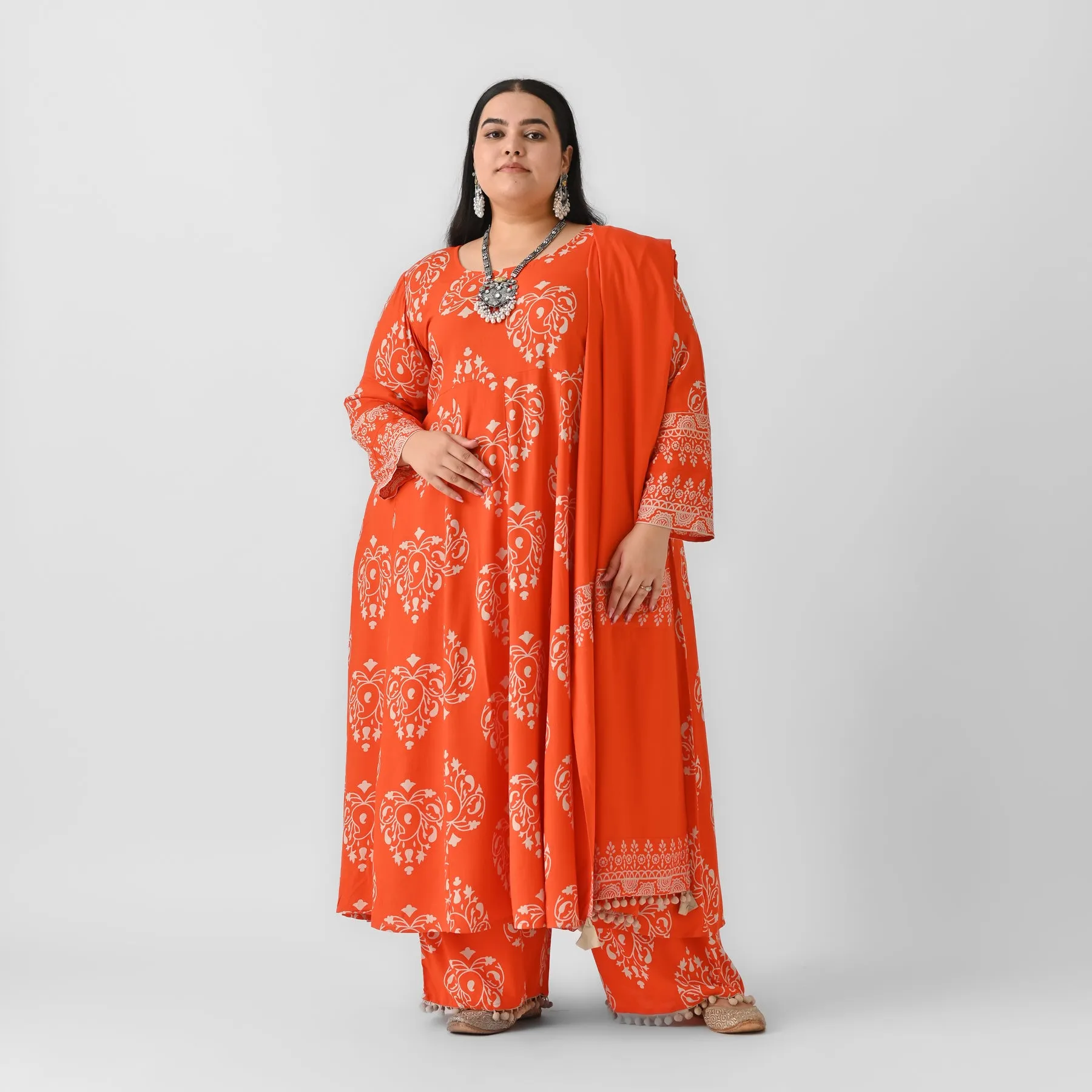 Orange Flared Kurta Dupatta Pant Set with Pompom Details - SOM