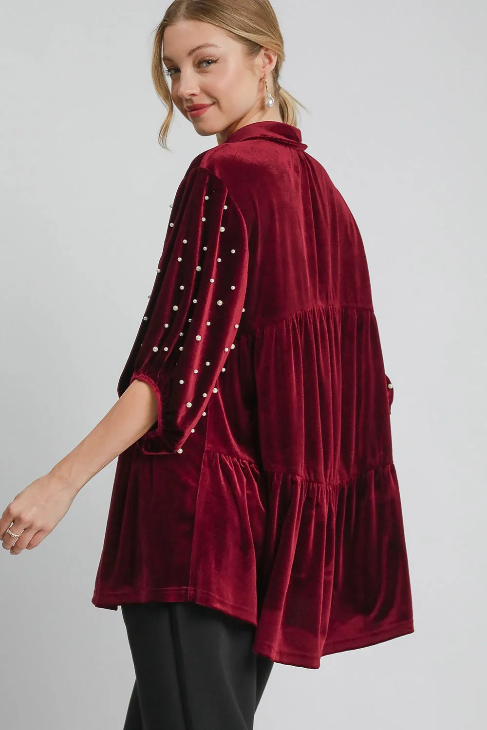 Pearl Detail Collared Neck Velvet Babydoll Blouse