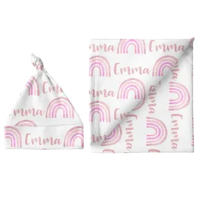 Personalized Large Blanket & Hat Set - Rainbow Pink | Sugar   Maple