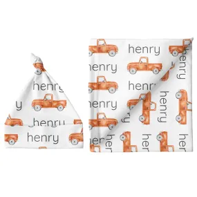 Personalized Small Blanket & Hat Set - Truck Orange | Sugar   Maple