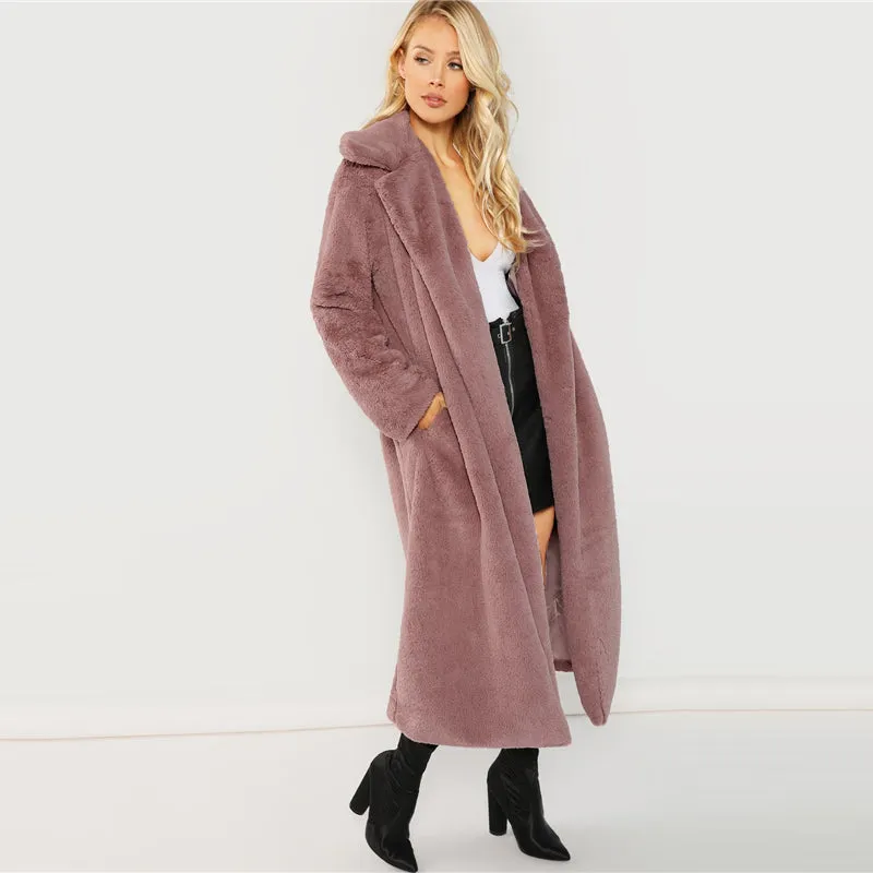 Pink Open Front Faux Fur Teddy Coat Autumn Winter Clothes Women Jacket 2019 Elegant Outerwear Womens Plain Long Coats