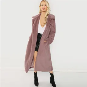 Pink Open Front Faux Fur Teddy Coat Autumn Winter Clothes Women Jacket 2019 Elegant Outerwear Womens Plain Long Coats