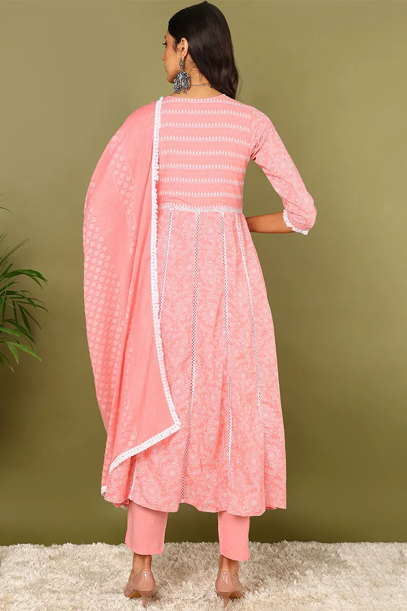 Pink Pure Cotton Solid Yoke Design Anarkali Suit Set