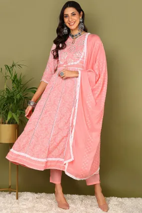 Pink Pure Cotton Solid Yoke Design Anarkali Suit Set