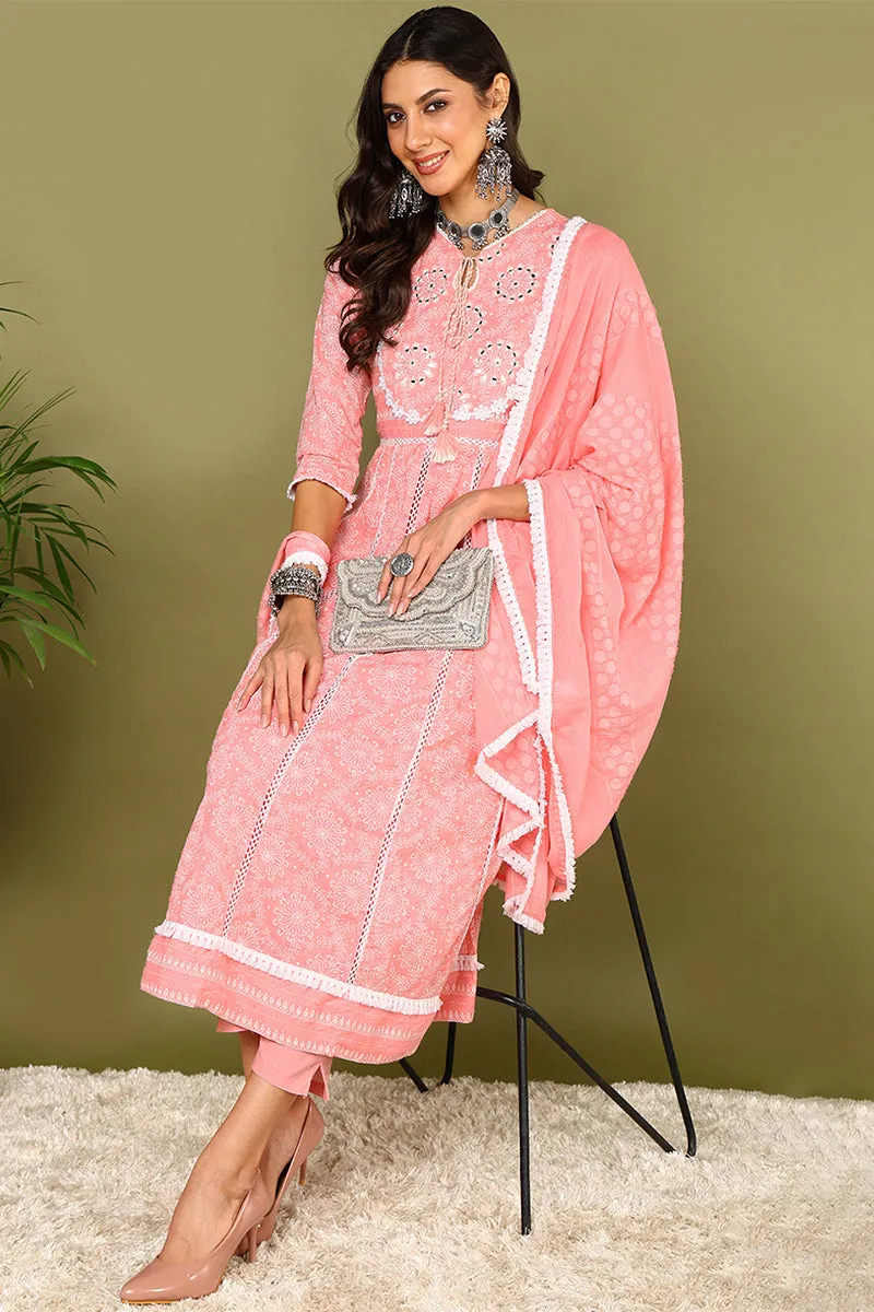 Pink Pure Cotton Solid Yoke Design Anarkali Suit Set