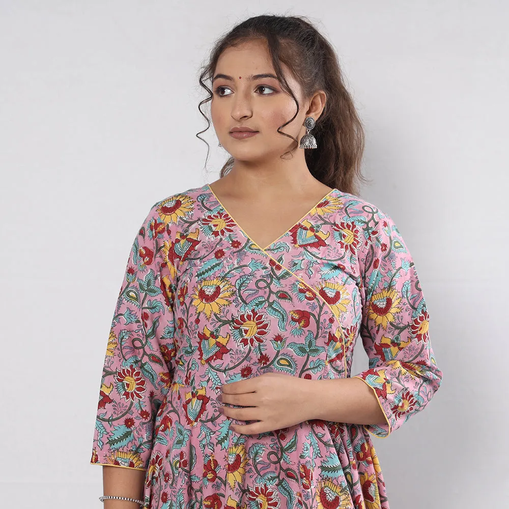 Pink - Sanganeri Block Printed Cotton Flared Gher Dress