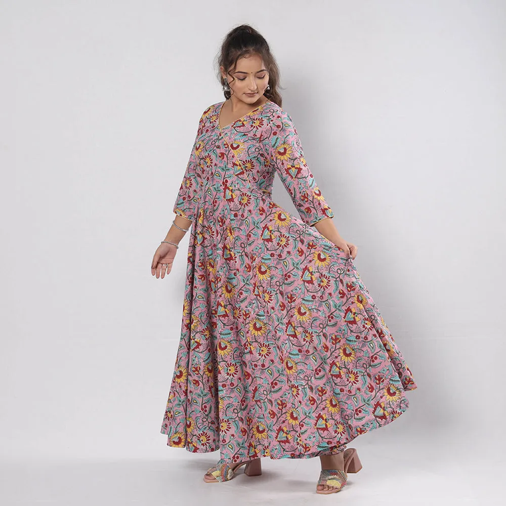 Pink - Sanganeri Block Printed Cotton Flared Gher Dress