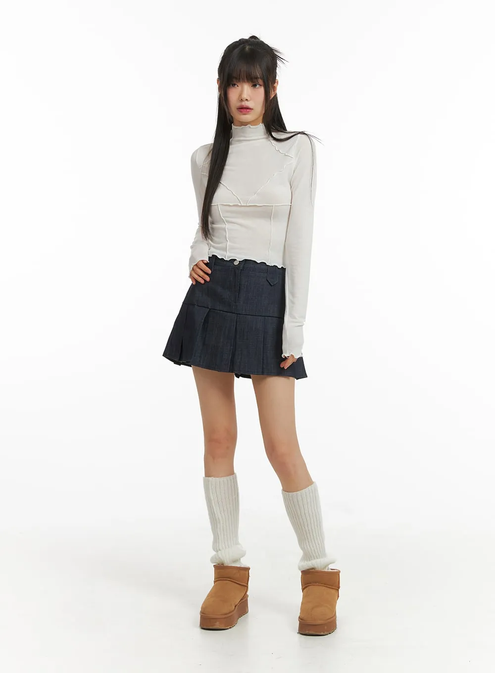 Pleated Denim Mini Skirt CJ415