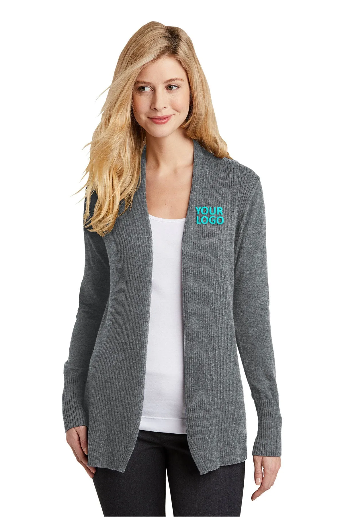 Port Authority Ladies Open Front Custom Cardigan Sweaters, Medium Heather Grey