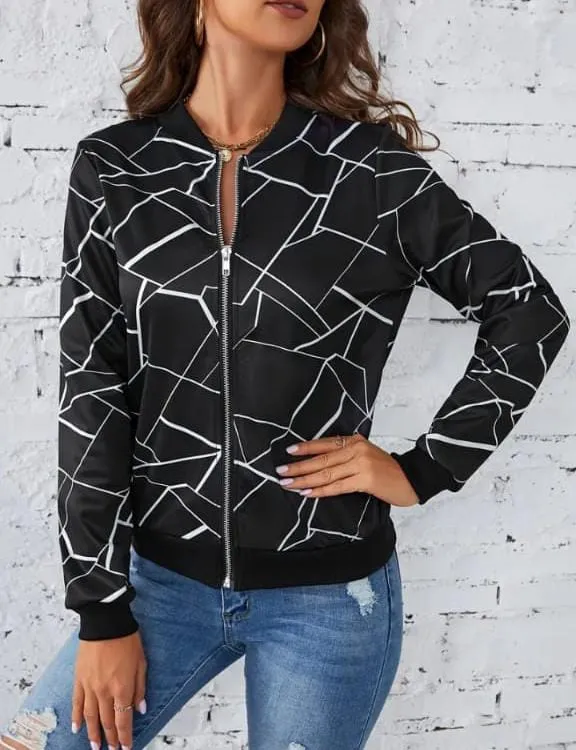 Printed Zip Up Bomber Jacket For Women