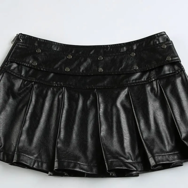 PU leather rivet zip-up pleated mini skirt