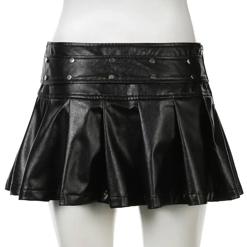 PU leather rivet zip-up pleated mini skirt