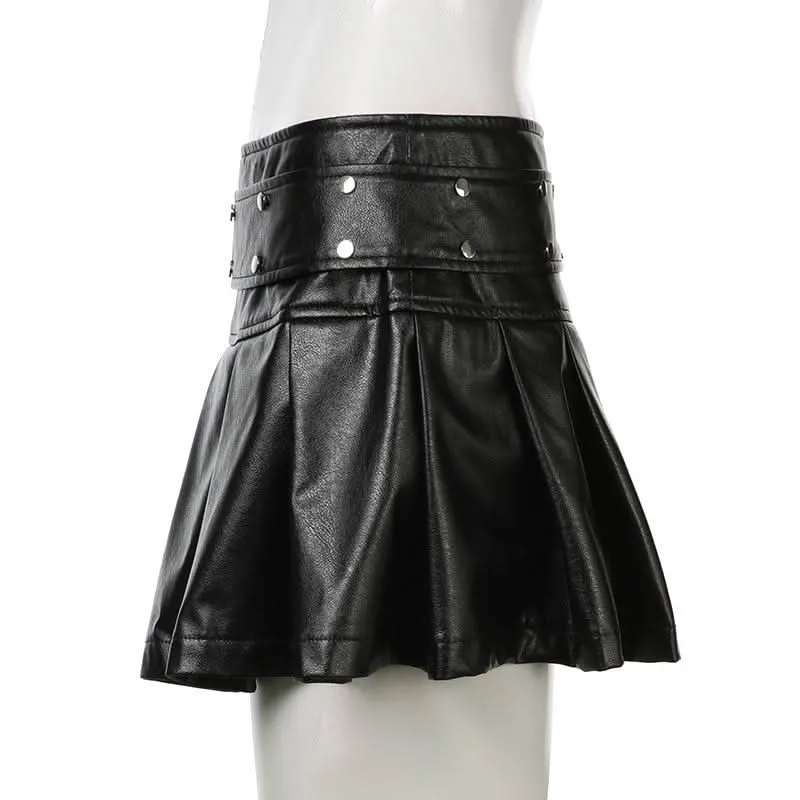 PU leather rivet zip-up pleated mini skirt