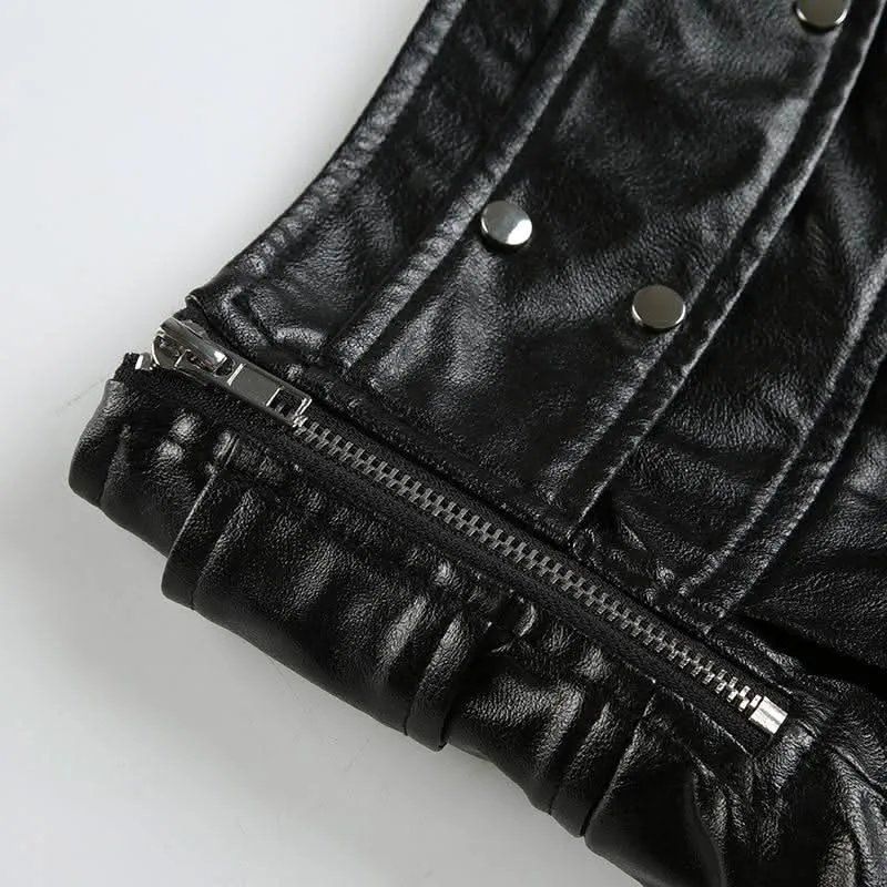 PU leather rivet zip-up pleated mini skirt