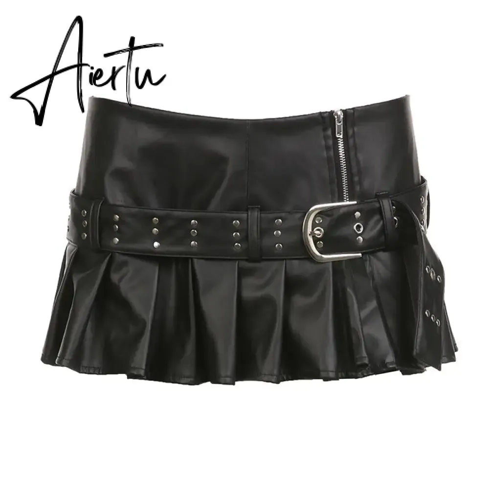 Punk Slit Mini Leather Skirt with Belt Summer Low Rise Loose Sexy Super Short PU Pleated Skirts Women y2k Gothic Outfits