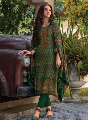 Pure Handloom Unstitched Green Pashmina Winter Suits Set for Women