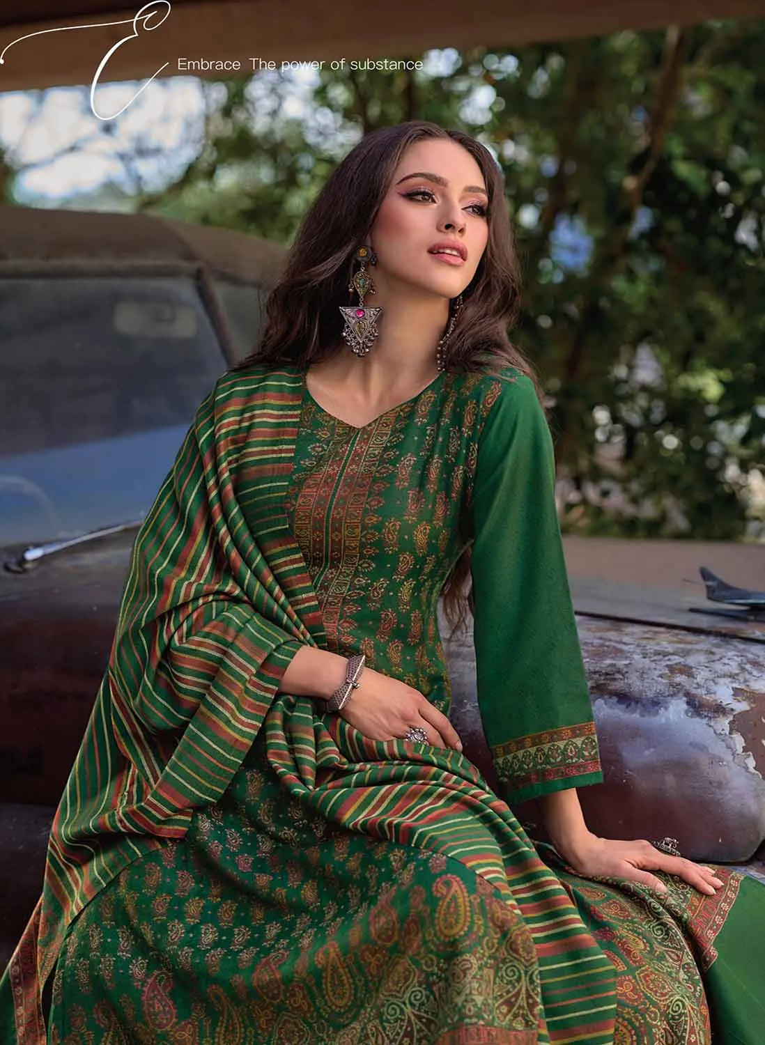 Pure Handloom Unstitched Green Pashmina Winter Suits Set for Women