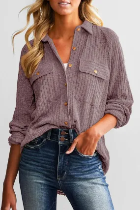 Purple Button Down Raw Hem Ribbed Shirt Shacket - Stylish Apparel