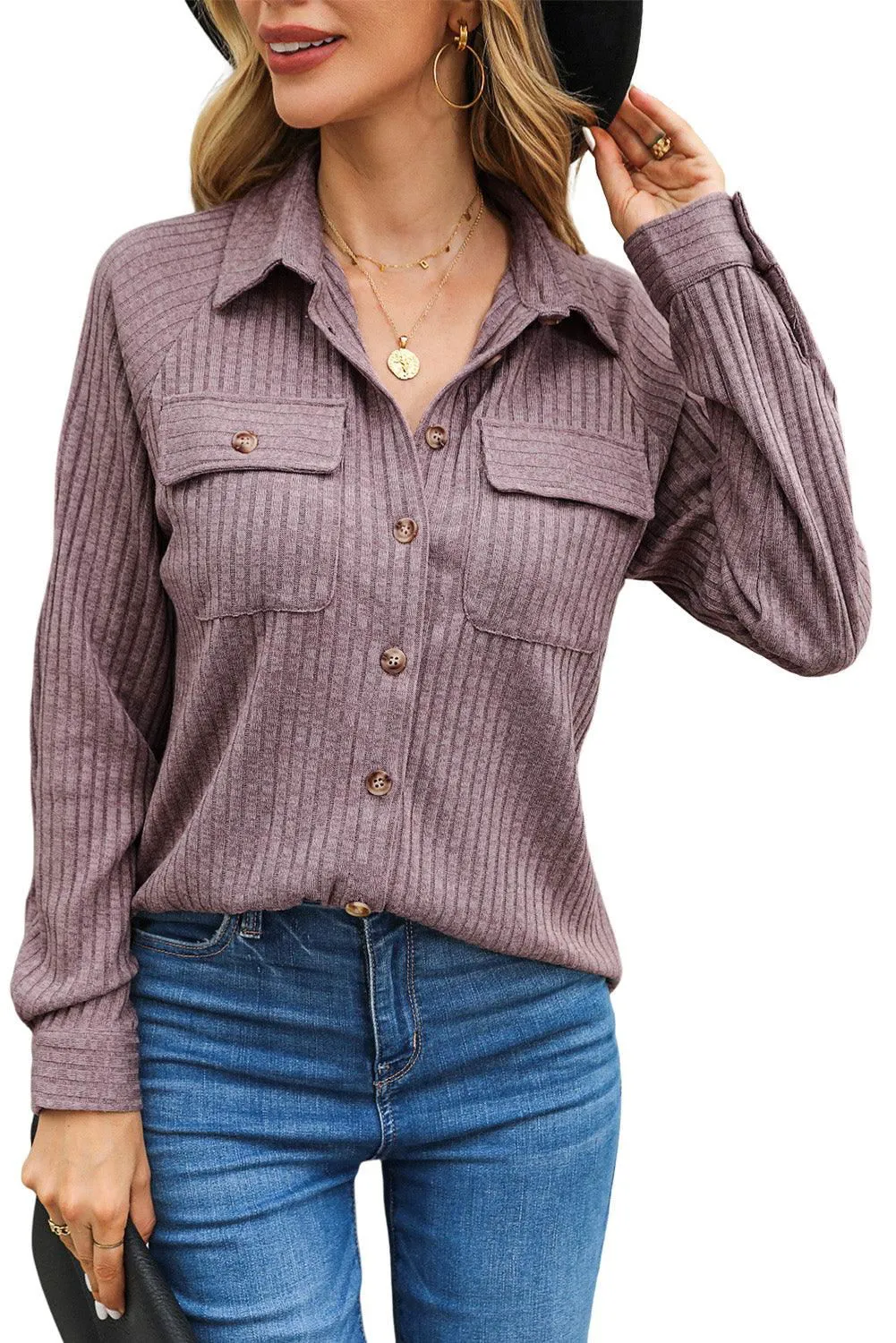 Purple Button Down Raw Hem Ribbed Shirt Shacket - Stylish Apparel