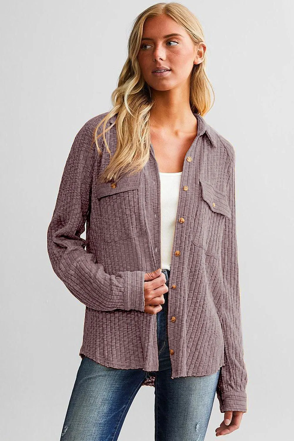 Purple Button Down Raw Hem Ribbed Shirt Shacket - Stylish Apparel