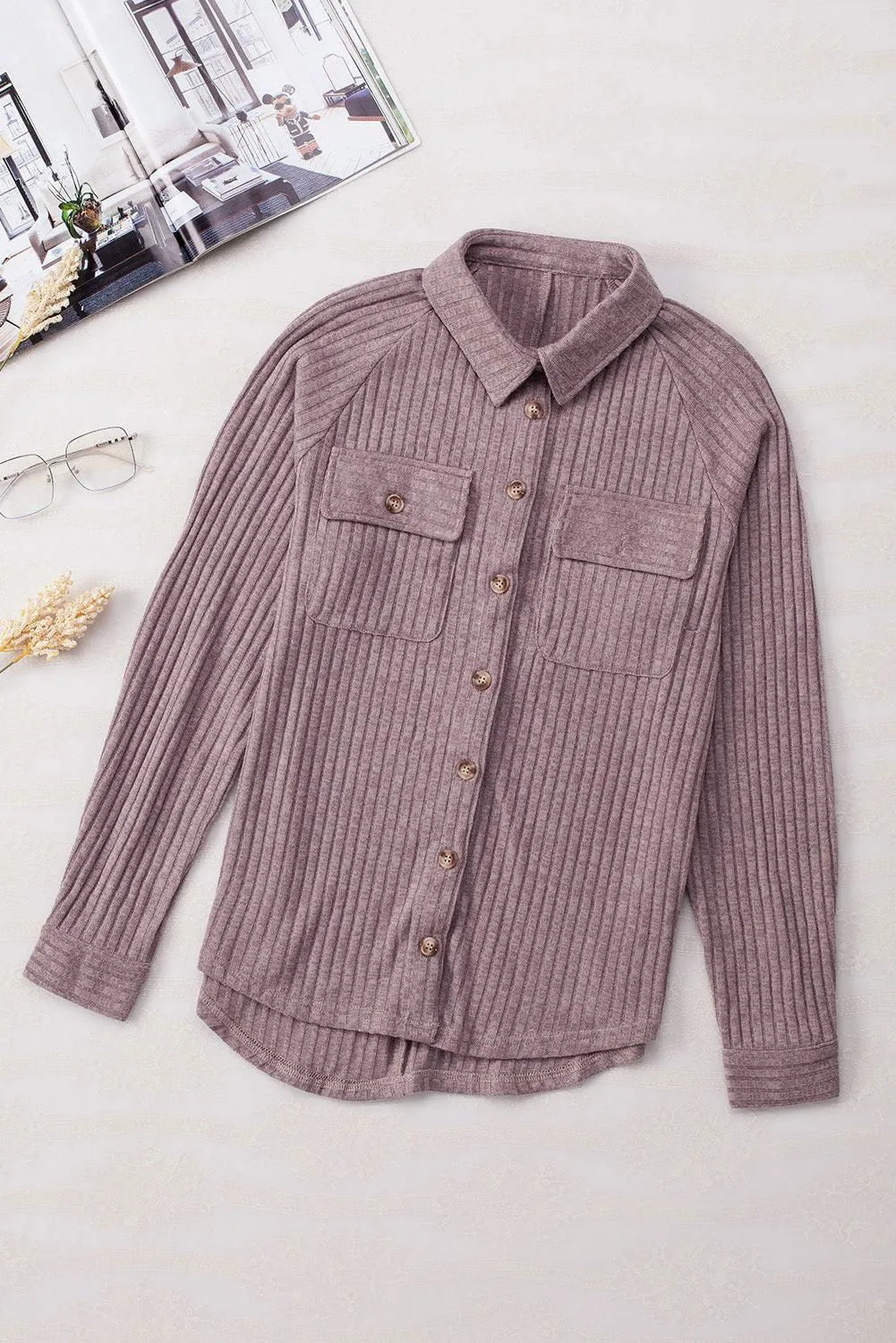 Purple Button Down Raw Hem Ribbed Shirt Shacket - Stylish Apparel