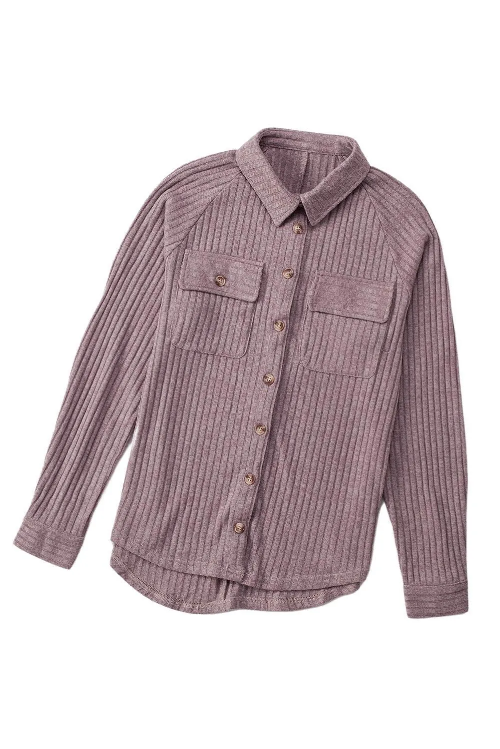 Purple Button Down Raw Hem Ribbed Shirt Shacket - Stylish Apparel