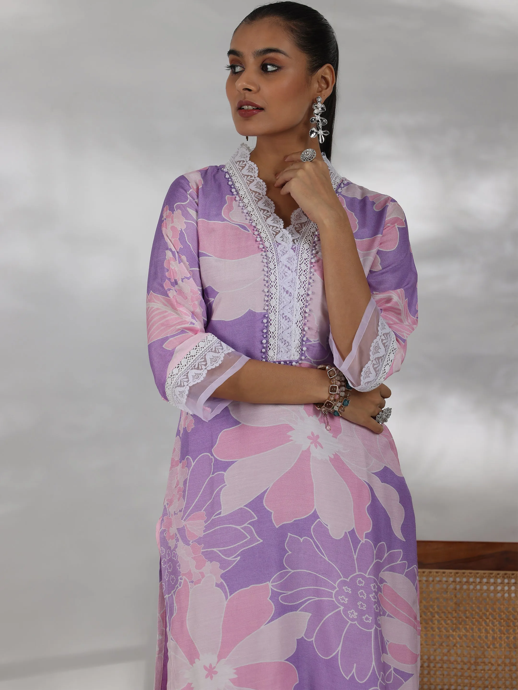 Purple Printed Cotton Blend Straight Suit With Dupatta