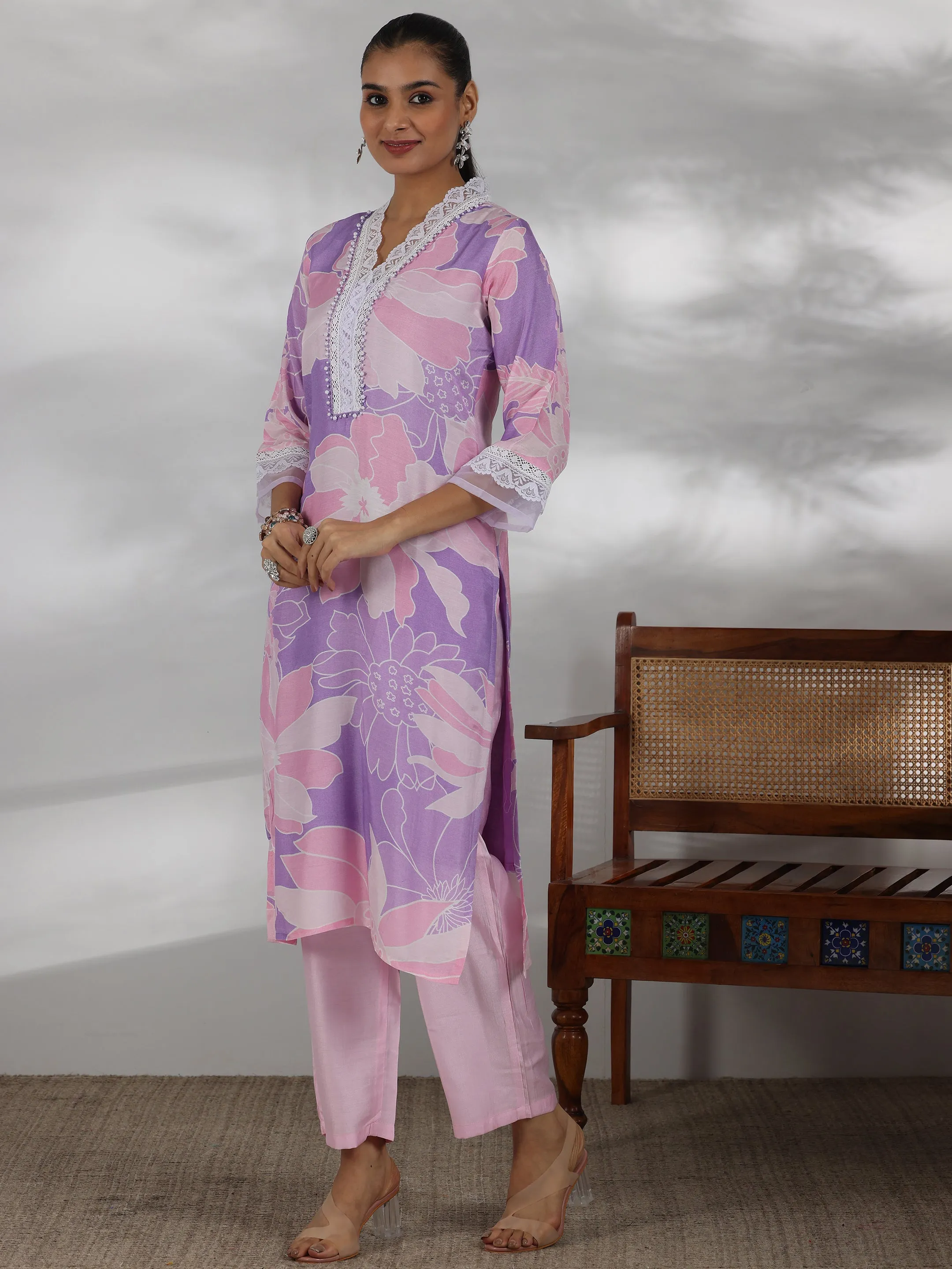 Purple Printed Cotton Blend Straight Suit With Dupatta