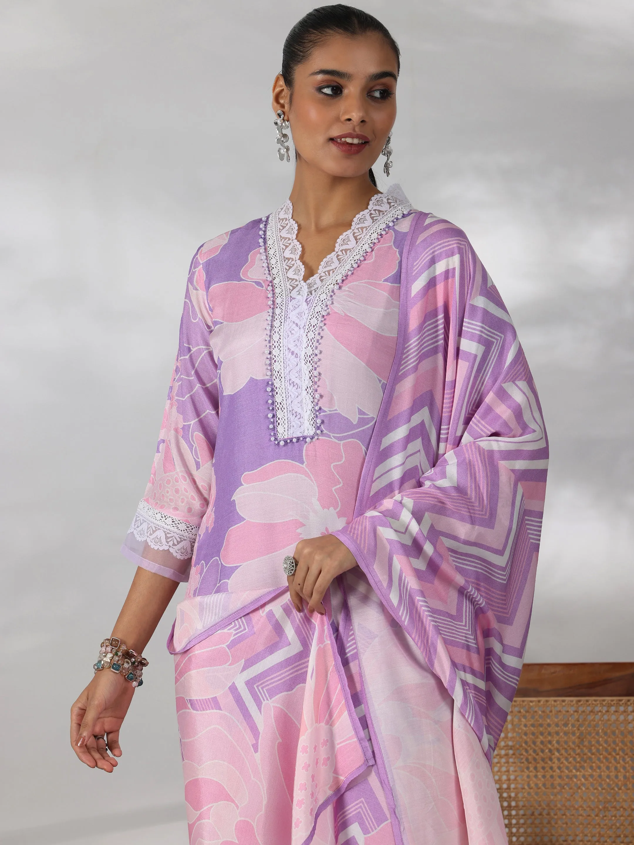 Purple Printed Cotton Blend Straight Suit With Dupatta