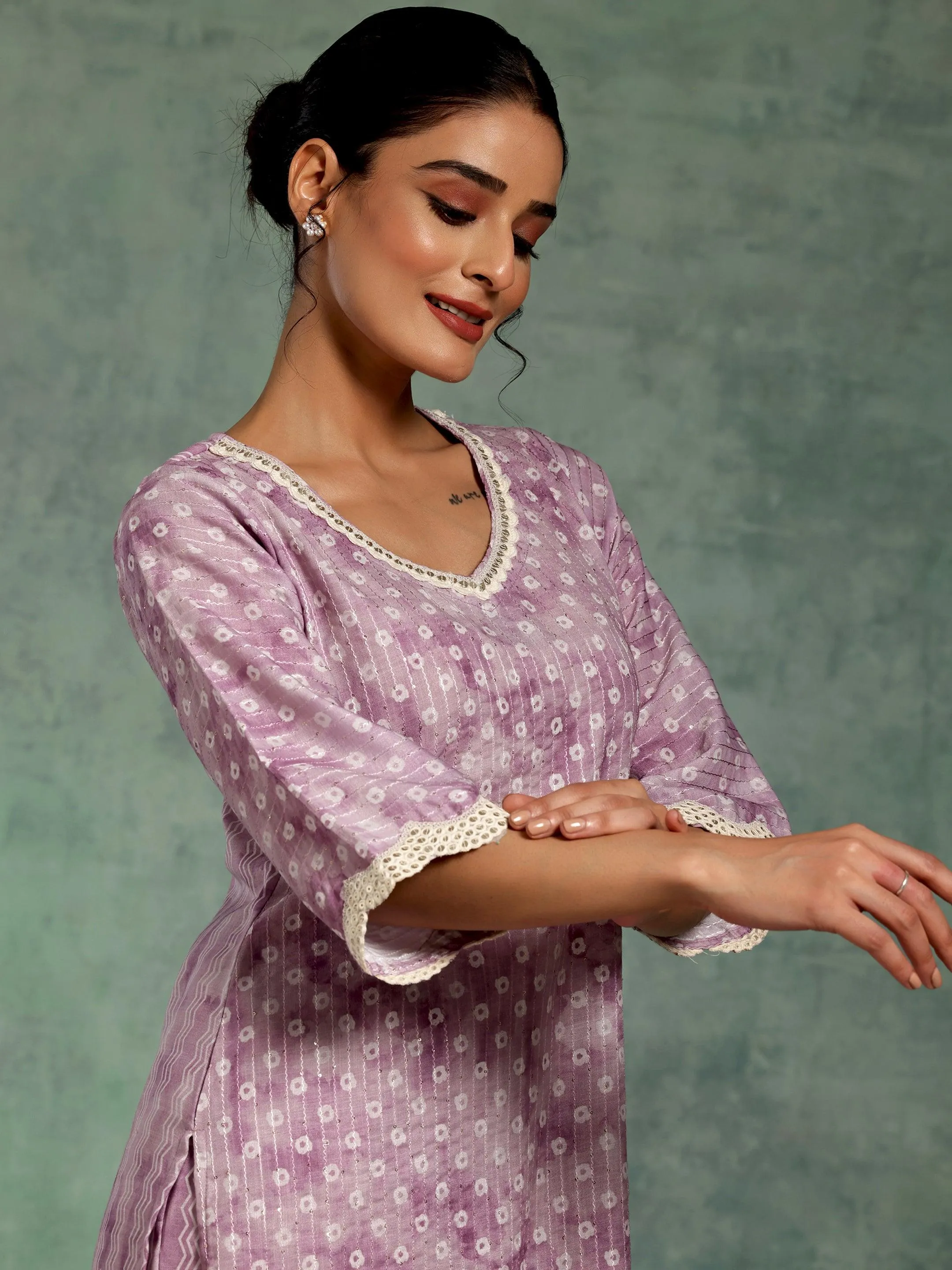 Purple Printed Cotton Straight Kurta Set