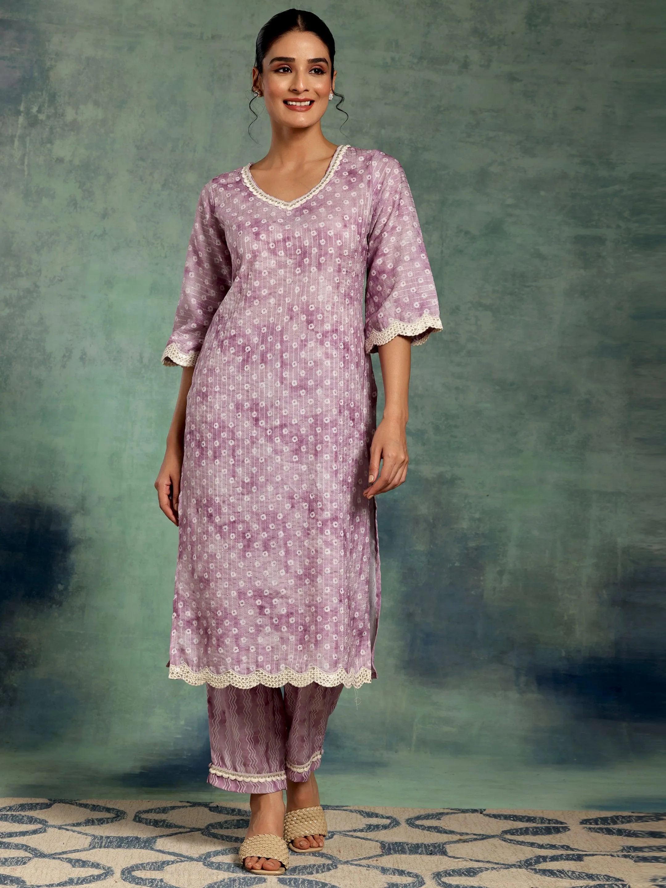 Purple Printed Cotton Straight Kurta Set