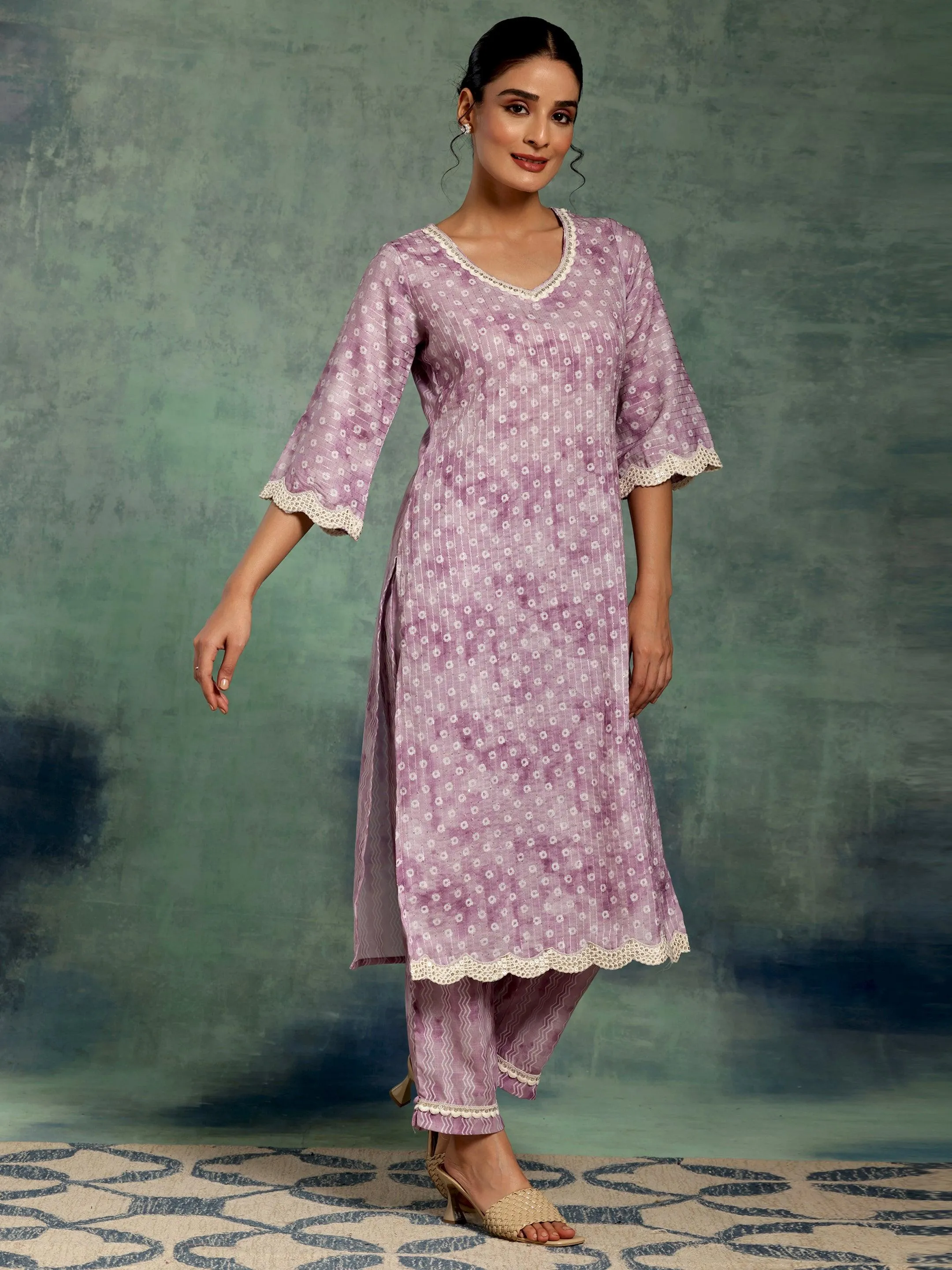 Purple Printed Cotton Straight Kurta Set