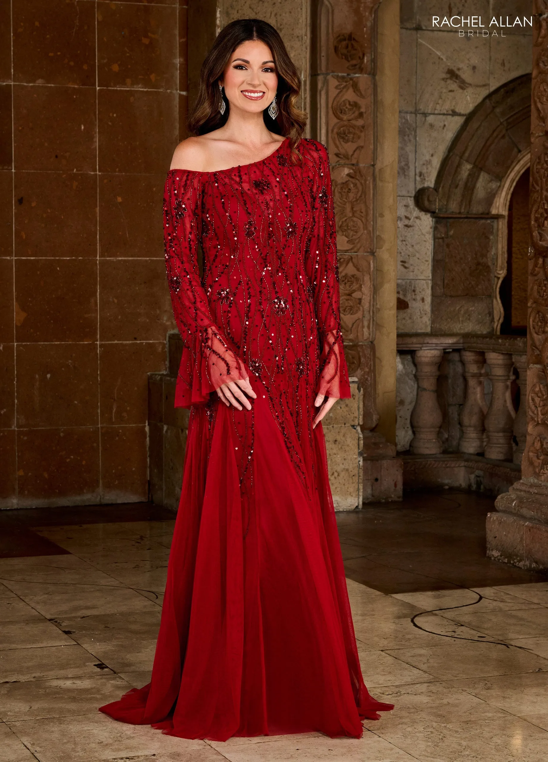 Rachel Allan RB8135 Long Sleeve Asymmetrical Neckline Mother of the Bride Dress