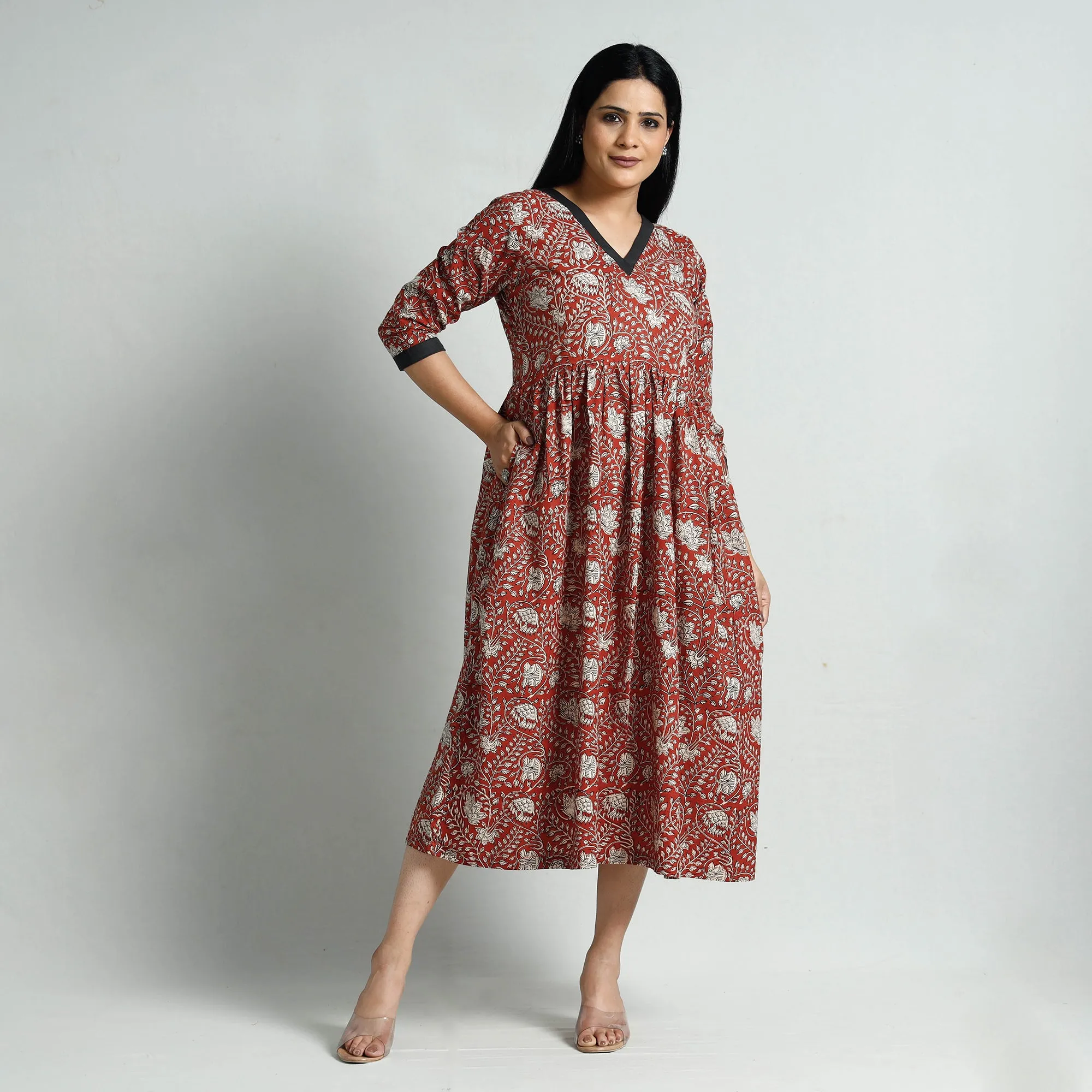 Red - Bagru Block Printed Cotton Flared Dress