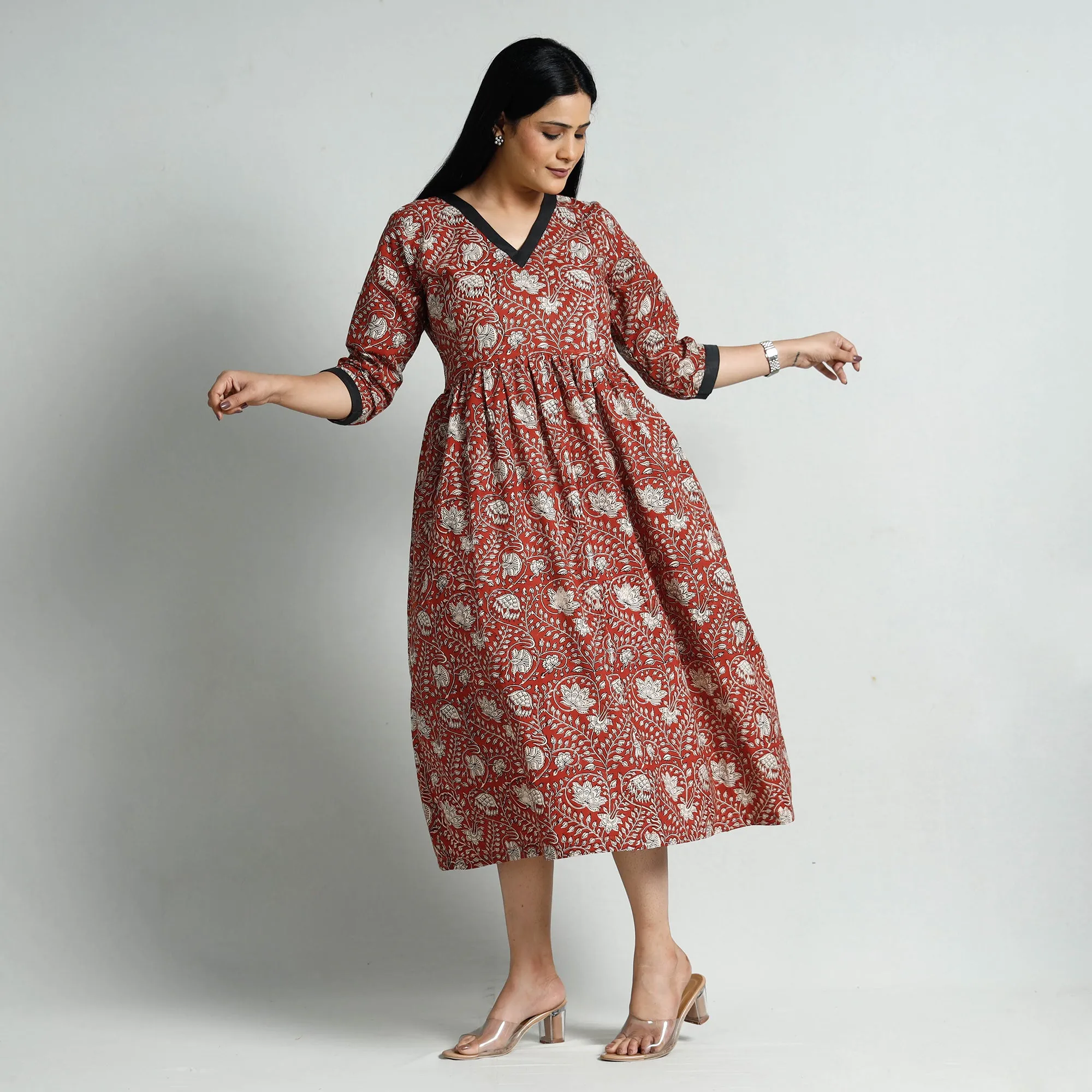 Red - Bagru Block Printed Cotton Flared Dress