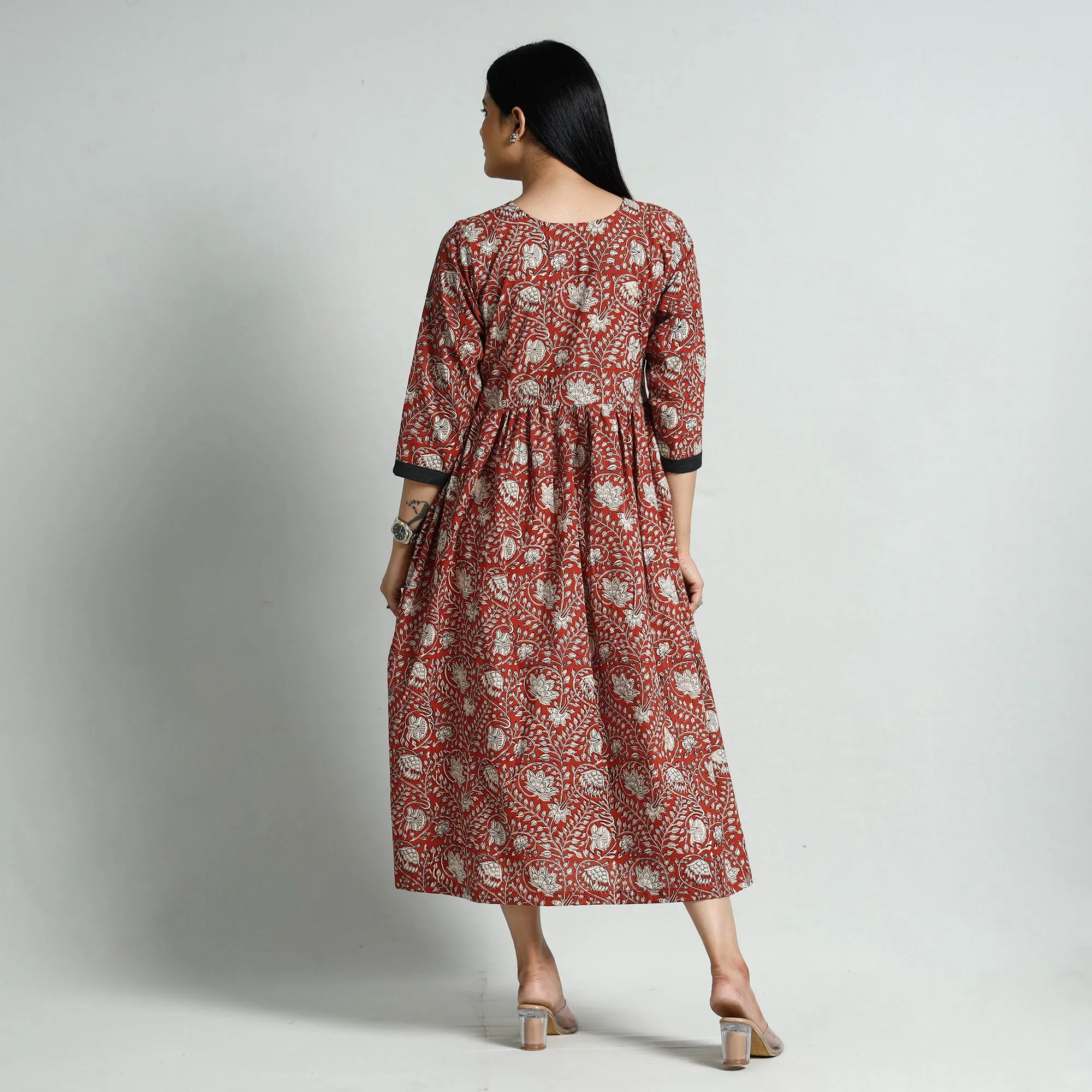 Red - Bagru Block Printed Cotton Flared Dress