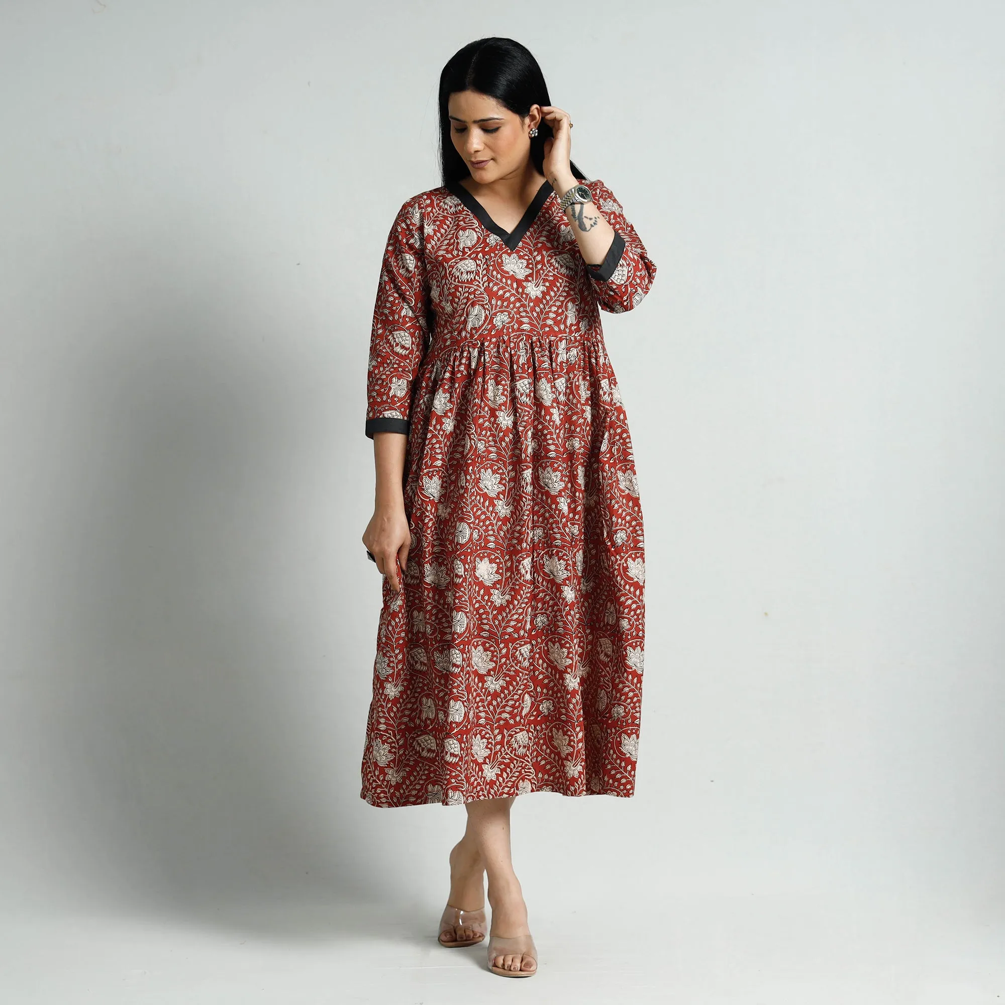 Red - Bagru Block Printed Cotton Flared Dress