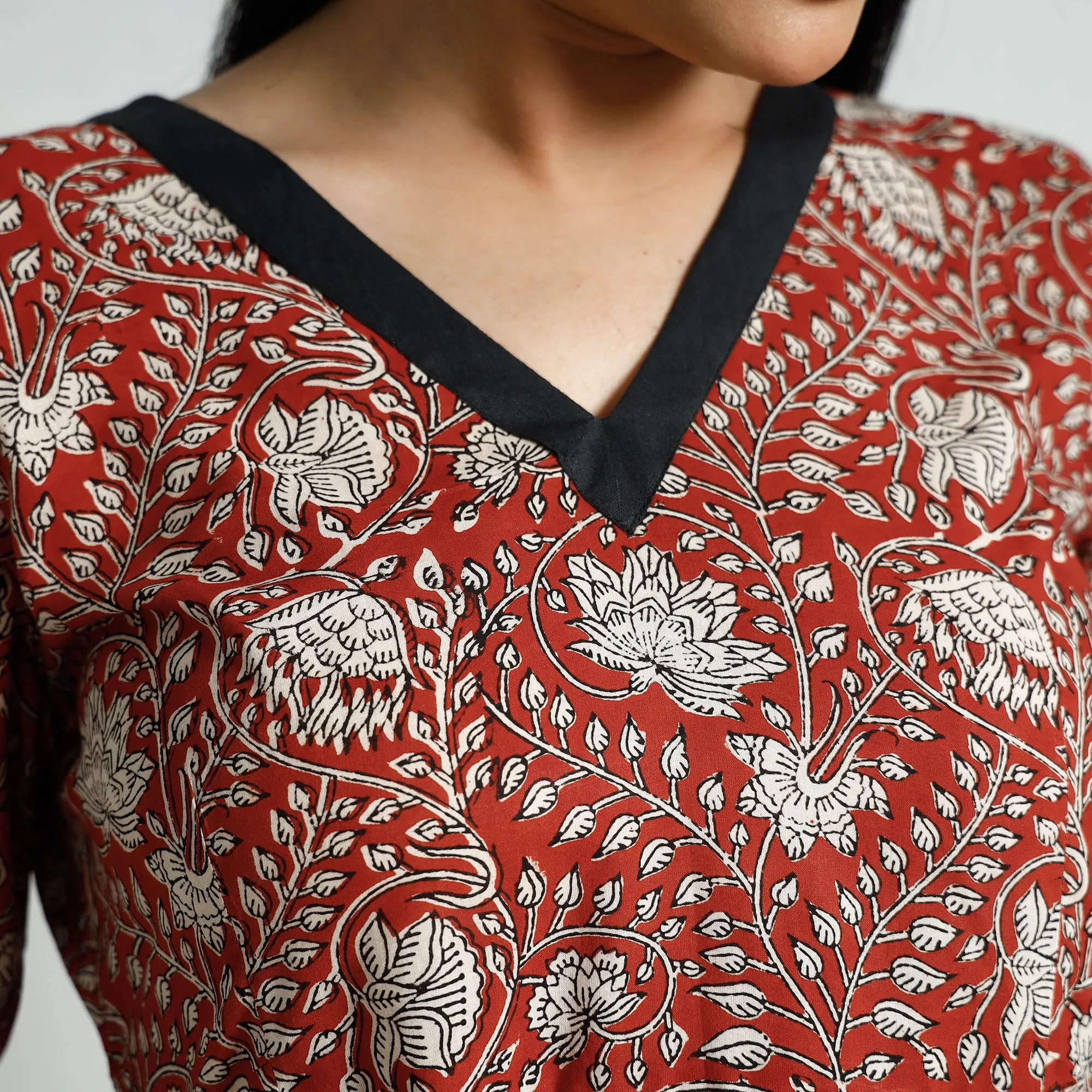 Red - Bagru Block Printed Cotton Flared Dress