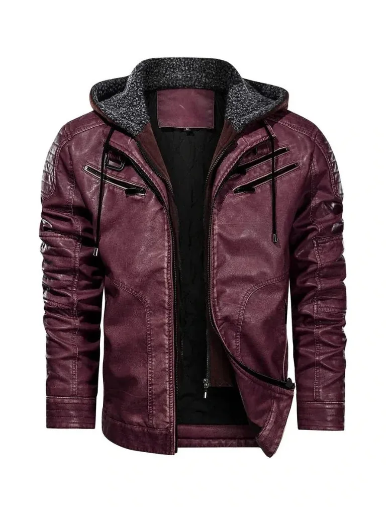 Red Bomber Hooded Leather Jacket