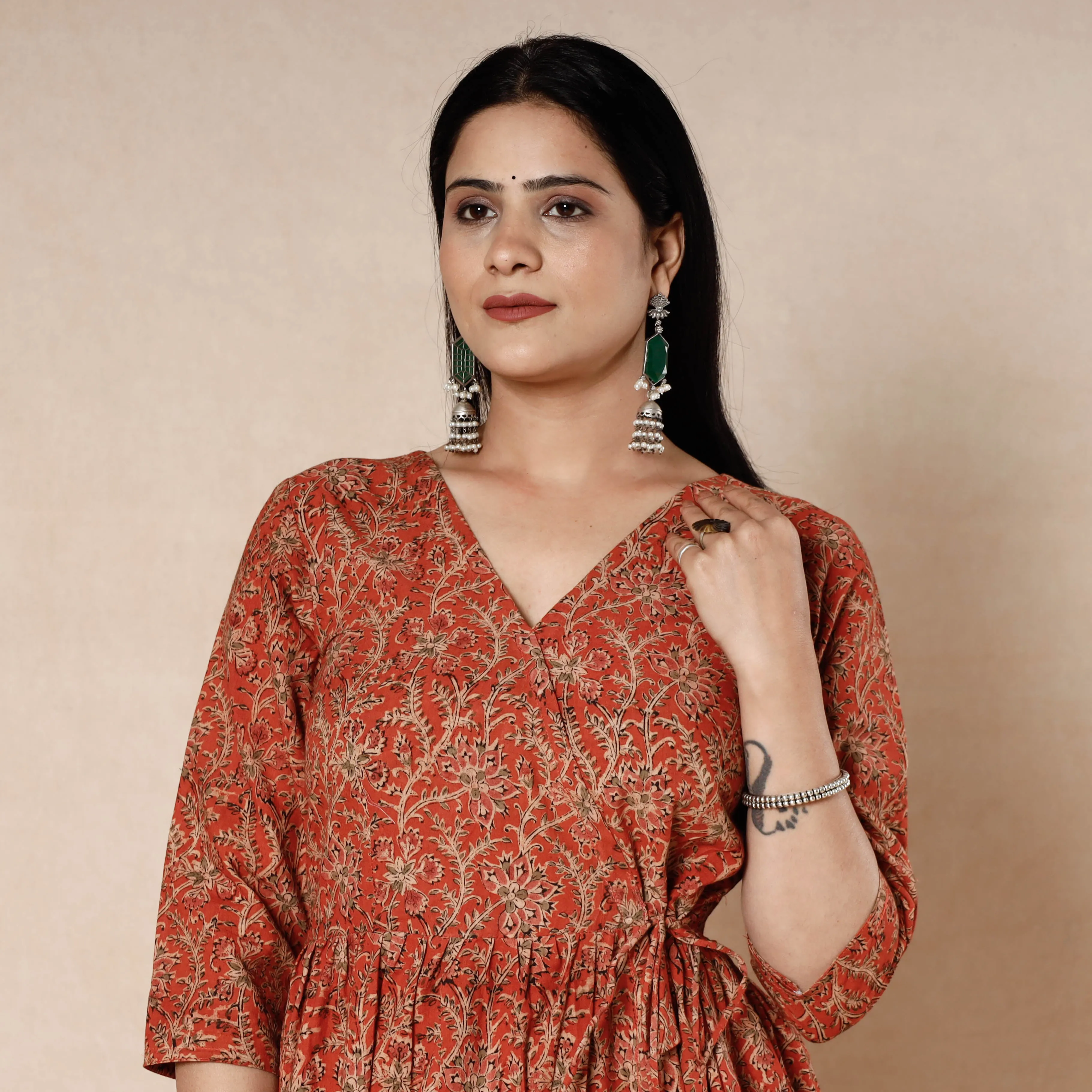 Red - Kalamkari Block Printed Cotton Flared Dress