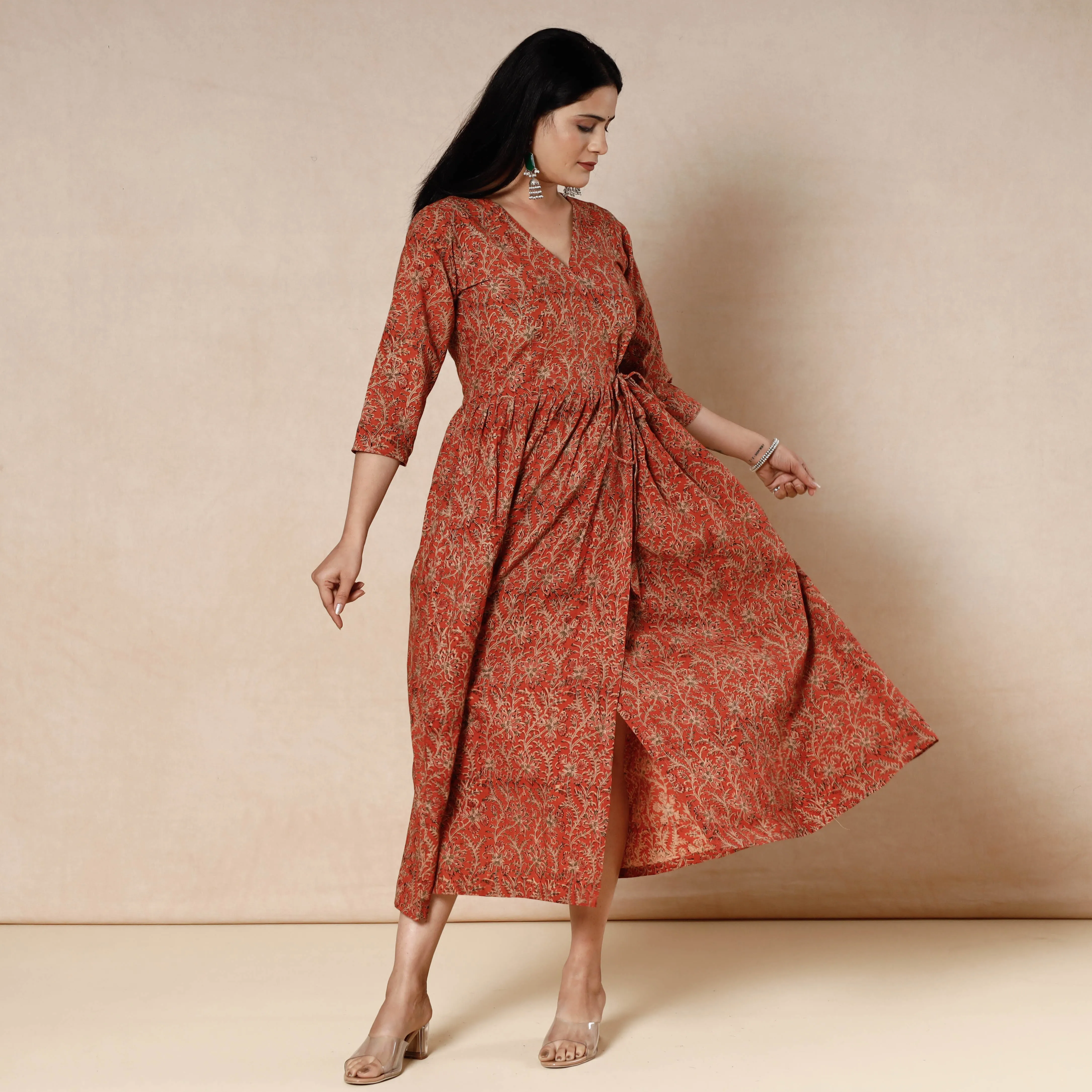 Red - Kalamkari Block Printed Cotton Flared Dress