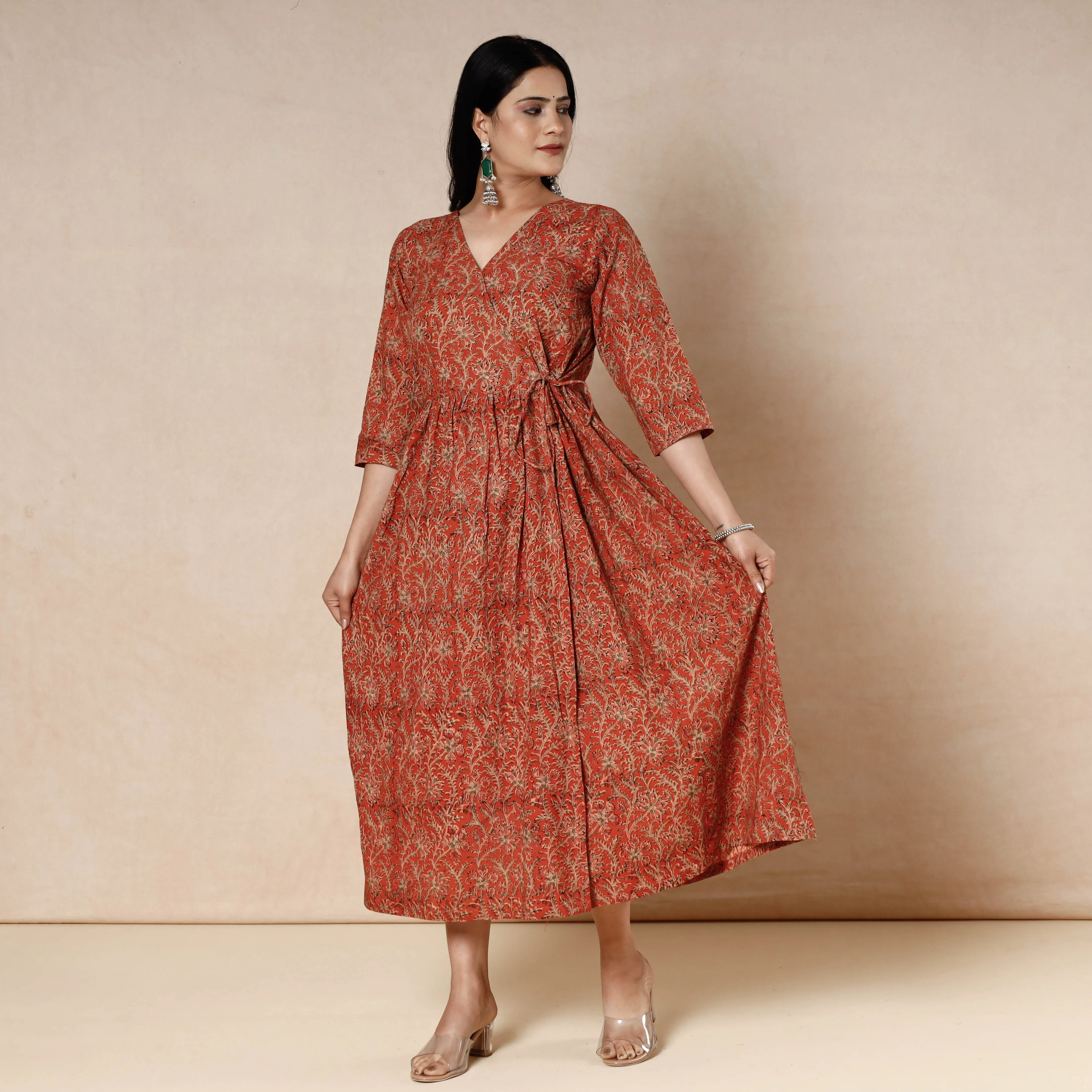 Red - Kalamkari Block Printed Cotton Flared Dress